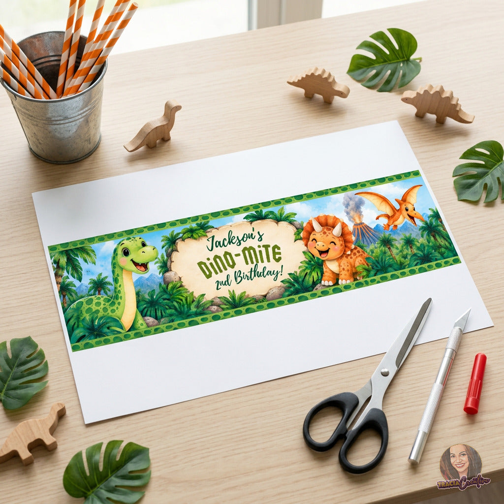 Dinosaur Birthday Water Bottle Label Template, Editable Canva Dino Bottle Wrapper, 8x2