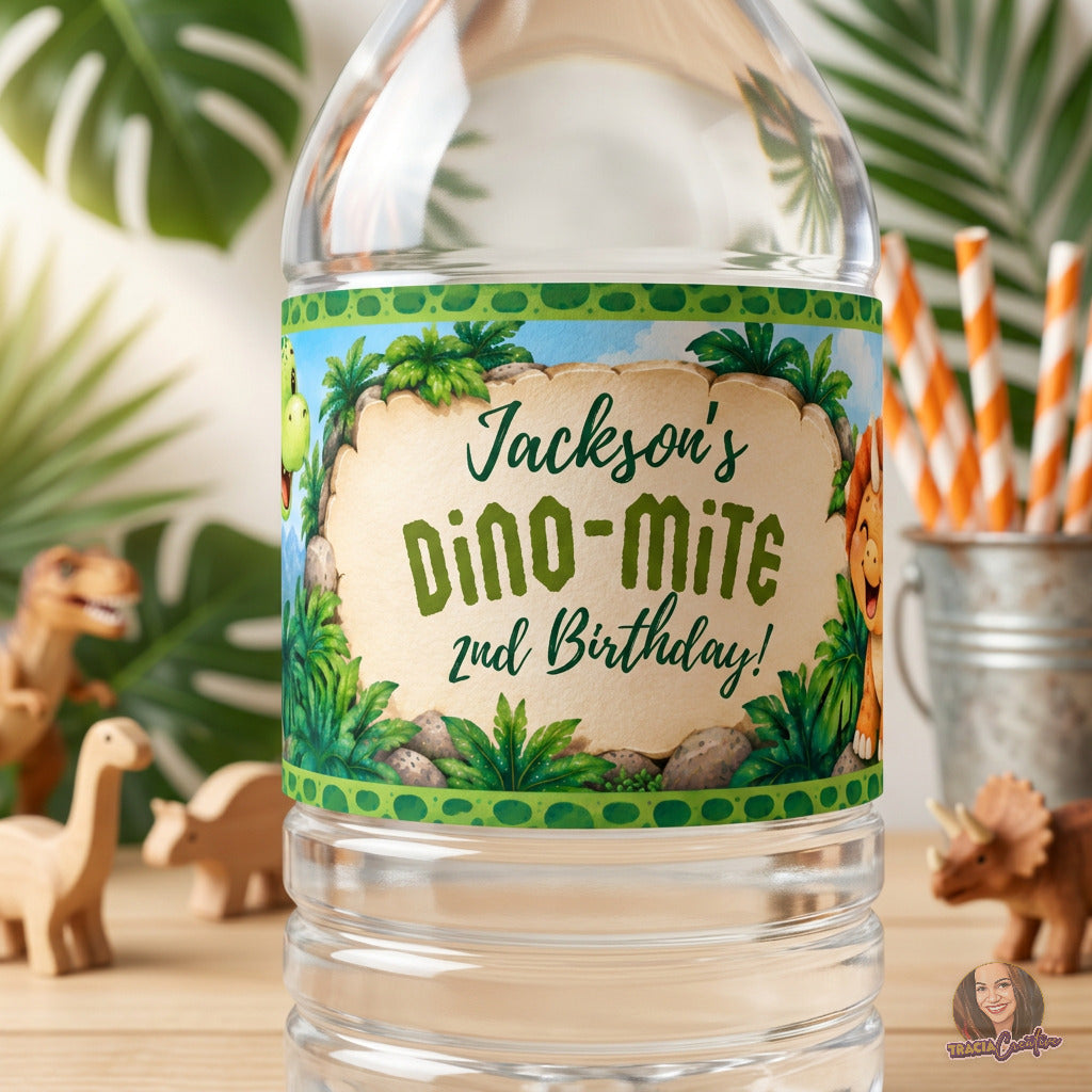 Dinosaur Birthday Water Bottle Label Template, Editable Canva Dino Bottle Wrapper, 8x2
