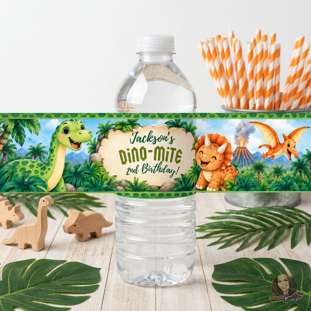 Dinosaur Birthday Water Bottle Label Template, Editable Canva Dino Bottle Wrapper, 8x2