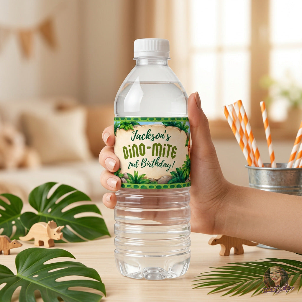 Dinosaur Birthday Water Bottle Label Template, Editable Canva Dino Bottle Wrapper, 8x2