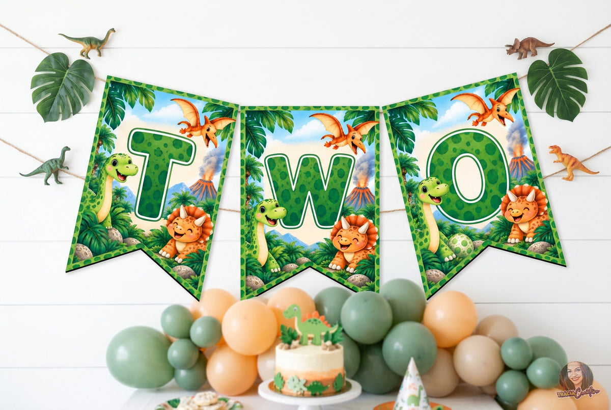 Dinosaur 2nd Birthday Bunting Banner, Printable TWO Dino Party Banner, 4x6 Flags