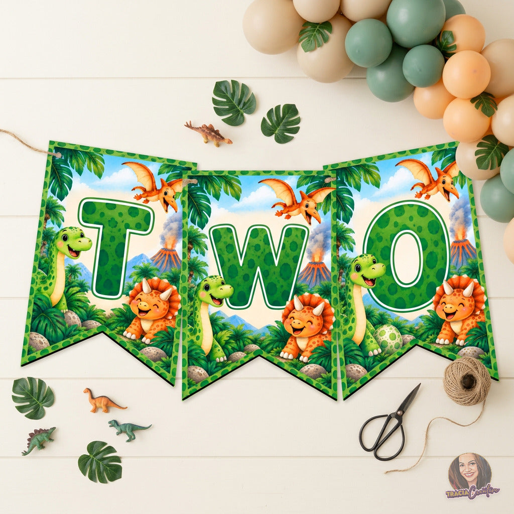 Dinosaur 2nd Birthday Bunting Banner, Printable TWO Dino Party Banner, 4x6 Flags