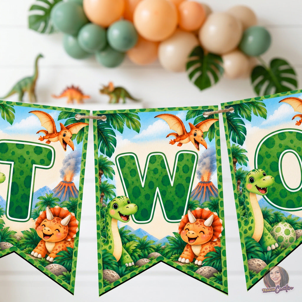 Dinosaur 2nd Birthday Bunting Banner, Printable TWO Dino Party Banner, 4x6 Flags