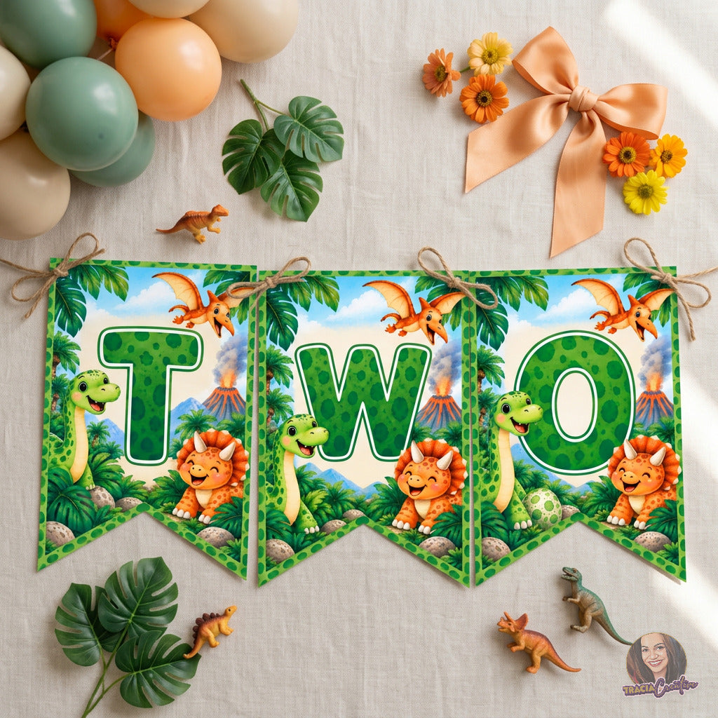 Dinosaur 2nd Birthday Bunting Banner, Printable TWO Dino Party Banner, 4x6 Flags