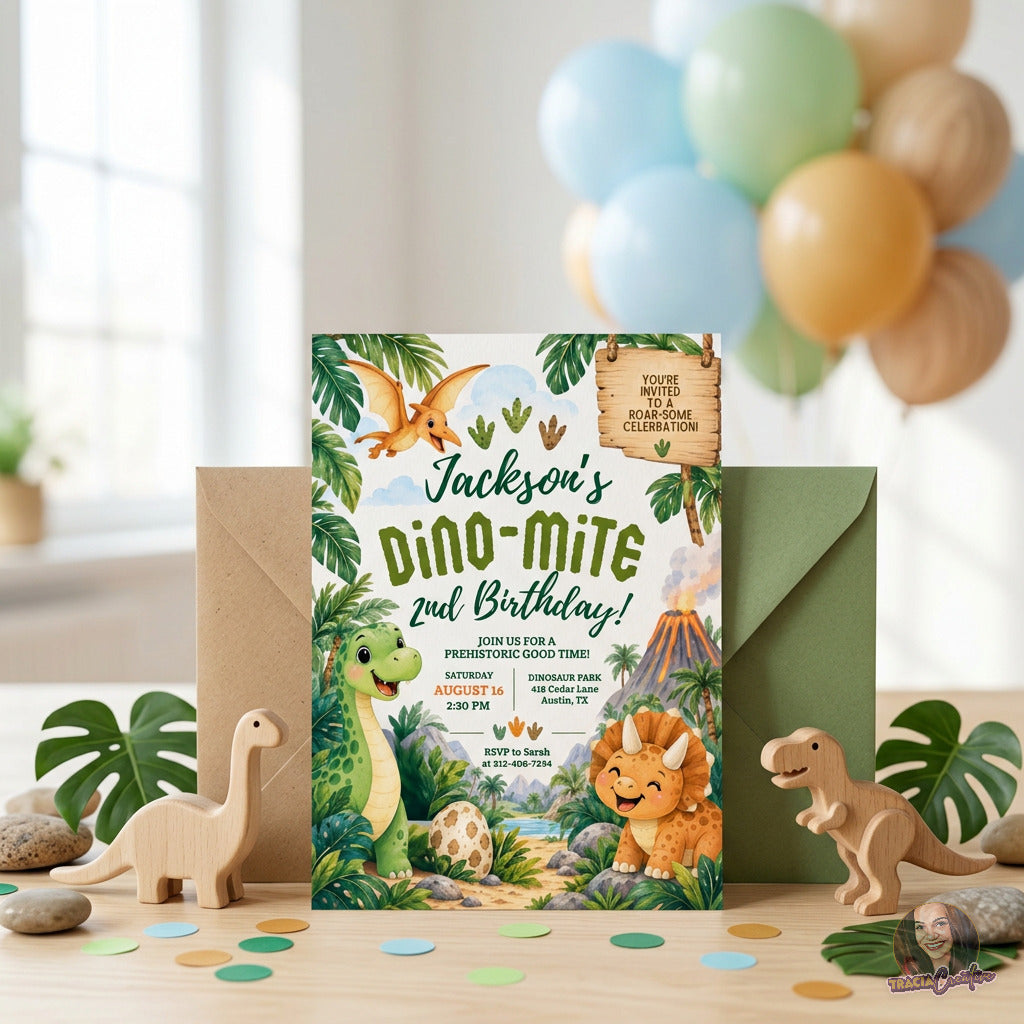 Dinosaur 2nd Birthday Invitation Template, Cute Editable Canva Dino Party Invite, 5x7