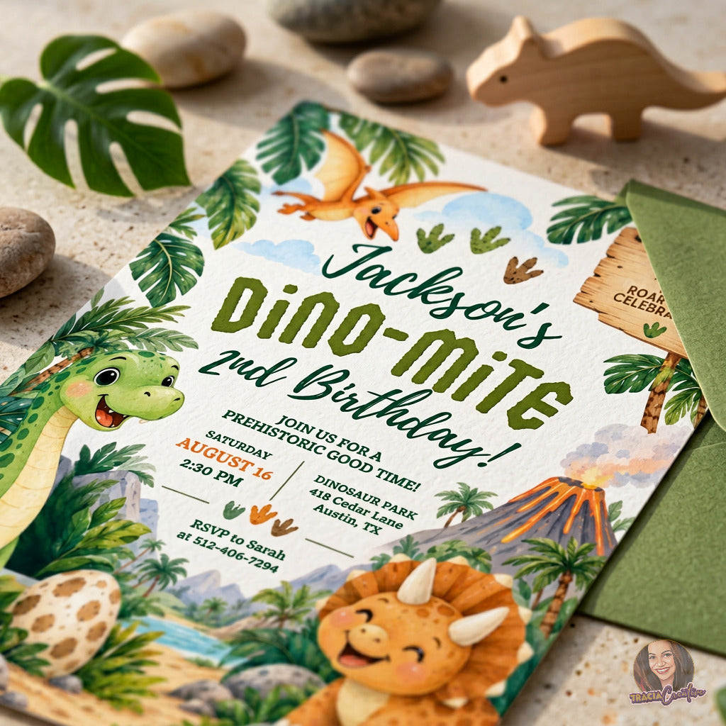 Dinosaur 2nd Birthday Invitation Template, Cute Editable Canva Dino Party Invite, 5x7