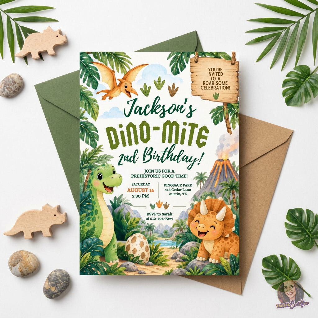 Dinosaur 2nd Birthday Invitation Template, Cute Editable Canva Dino Party Invite, 5x7
