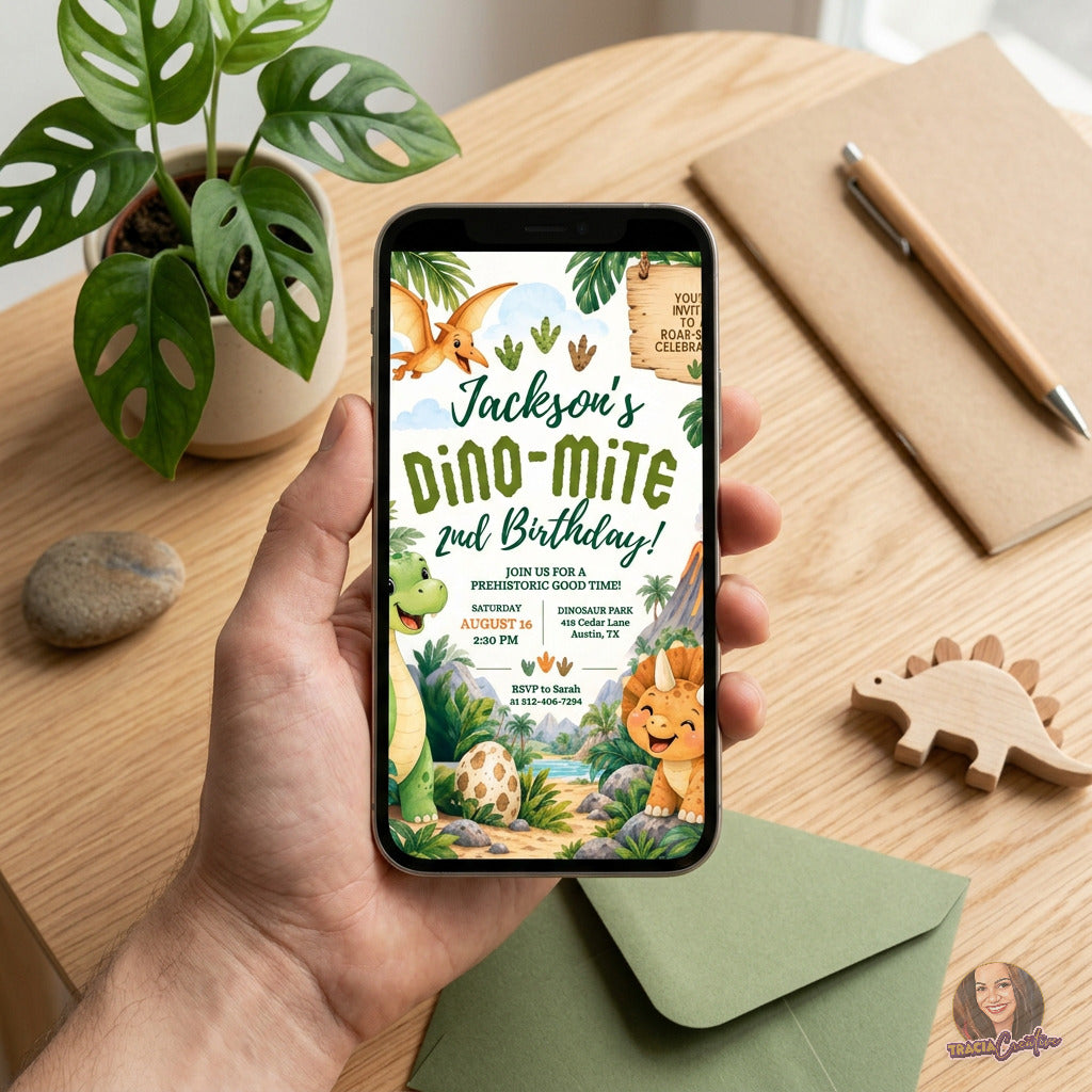 Dinosaur 2nd Birthday Invitation Template, Cute Editable Canva Dino Party Invite, 5x7