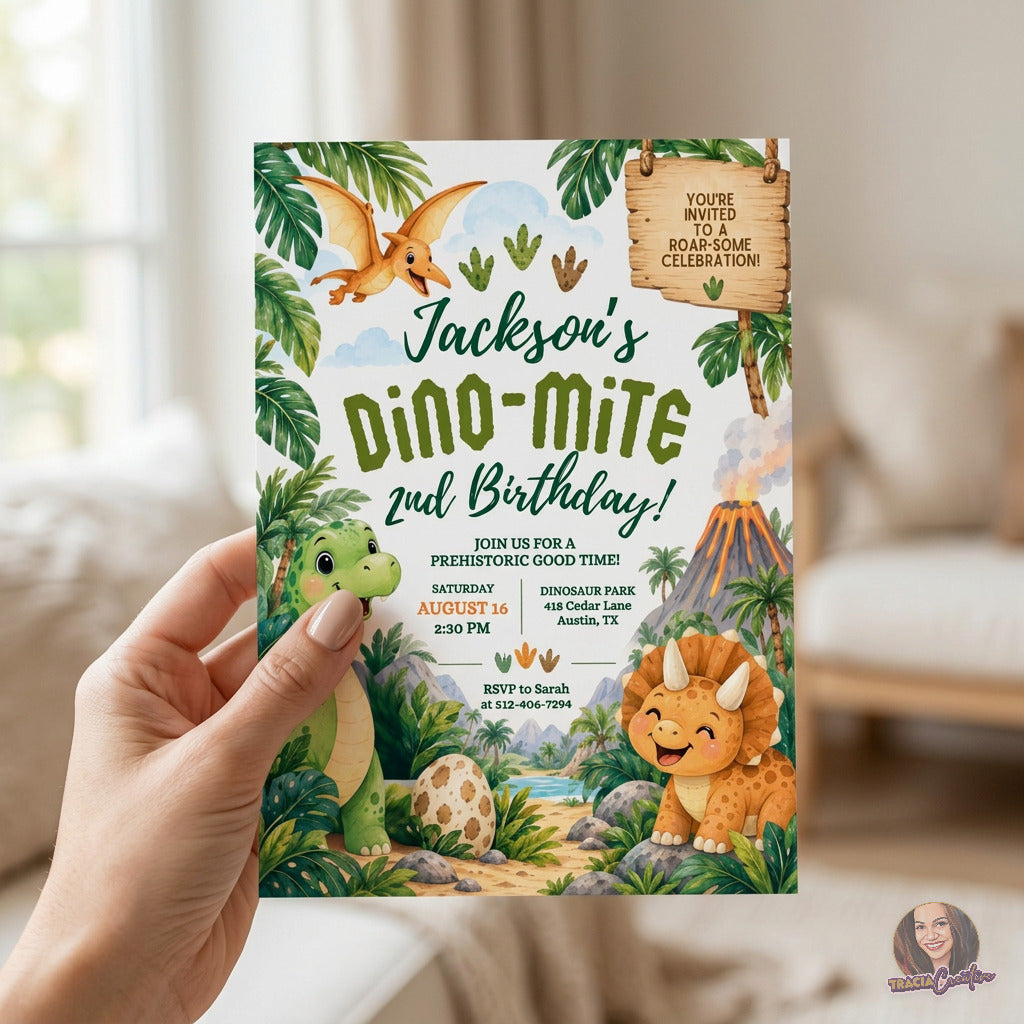 Dinosaur 2nd Birthday Invitation Template, Cute Editable Canva Dino Party Invite, 5x7