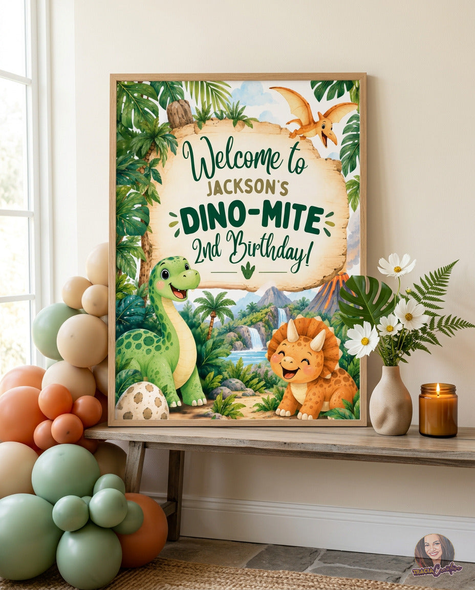 Dinosaur 2nd Birthday Welcome Sign Template, Editable Canva Party Sign