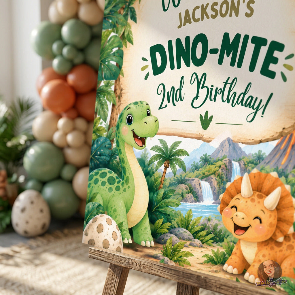Dinosaur 2nd Birthday Welcome Sign Template, Editable Canva Party Sign