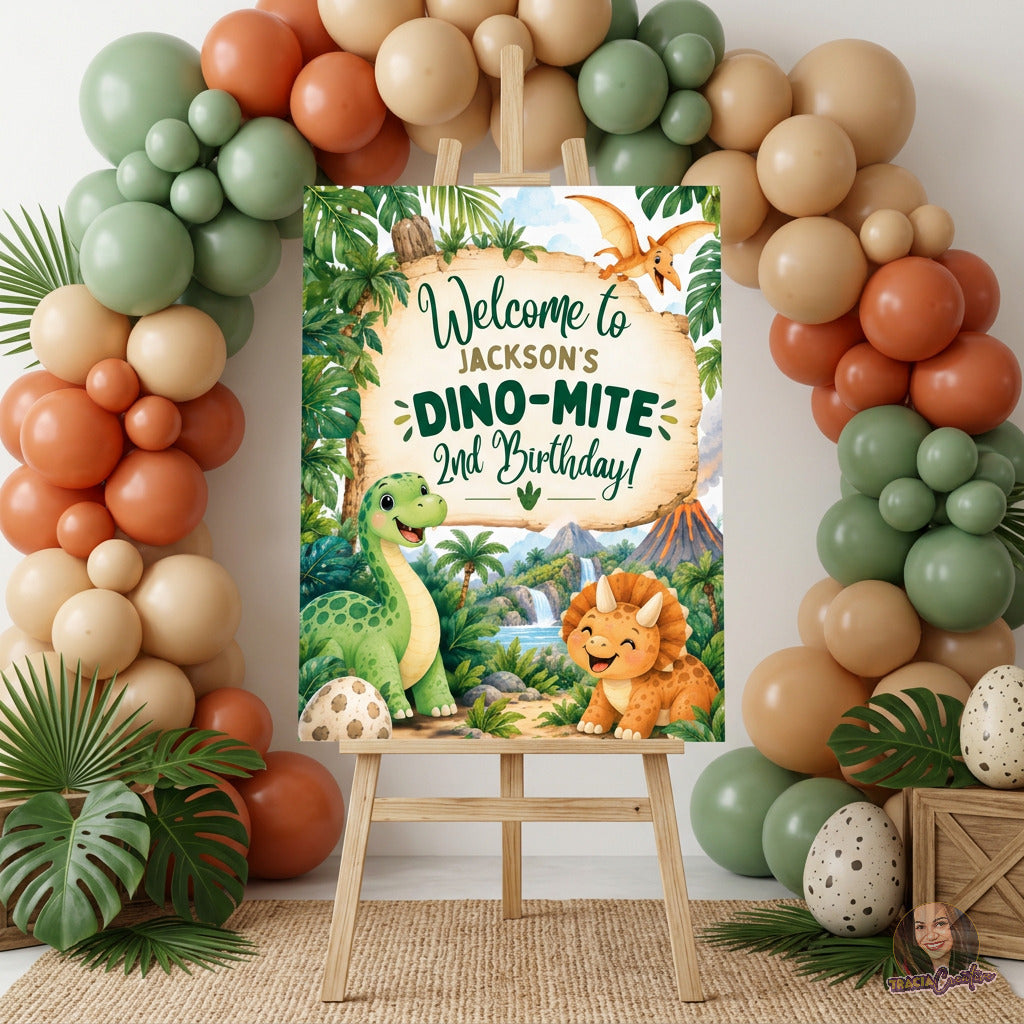 Dinosaur 2nd Birthday Welcome Sign Template, Editable Canva Party Sign
