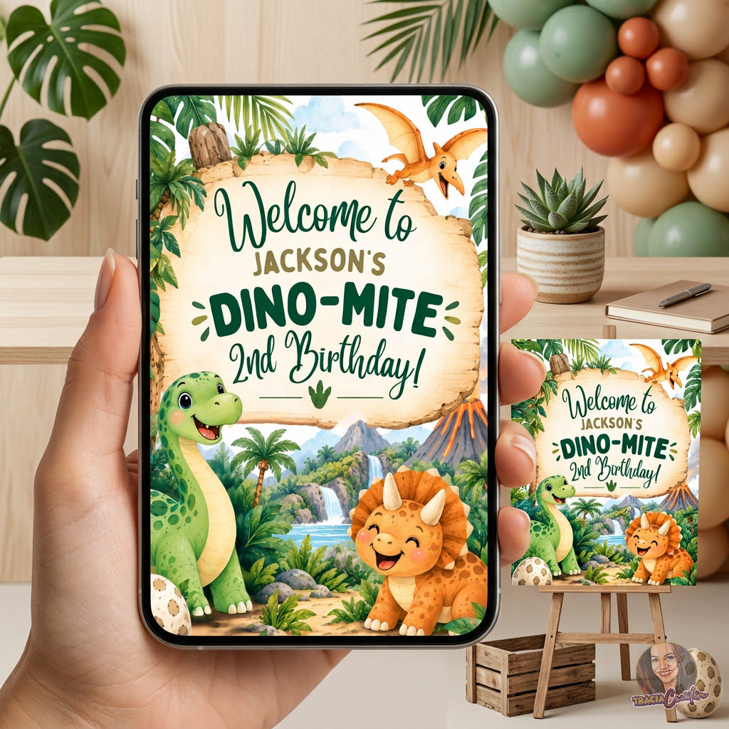 Dinosaur 2nd Birthday Welcome Sign Template, Editable Canva Party Sign