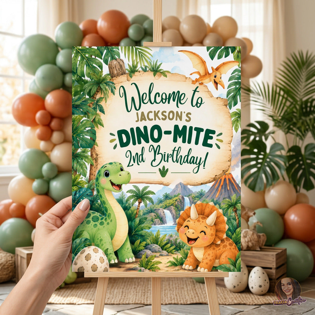 Dinosaur 2nd Birthday Welcome Sign Template, Editable Canva Party Sign