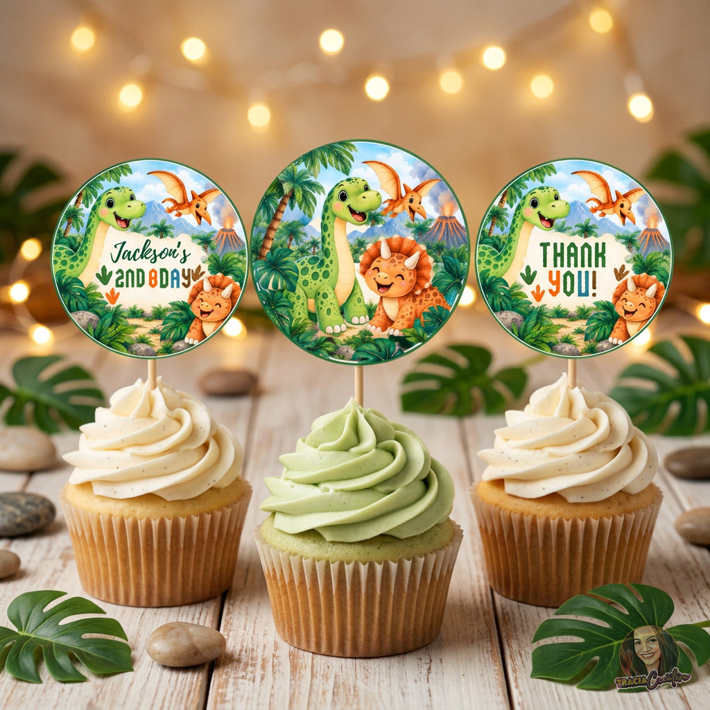 Dinosaur Birthday Cupcake Topper Template, Printable Dino Party Cupcake Toppers, 2 Inch