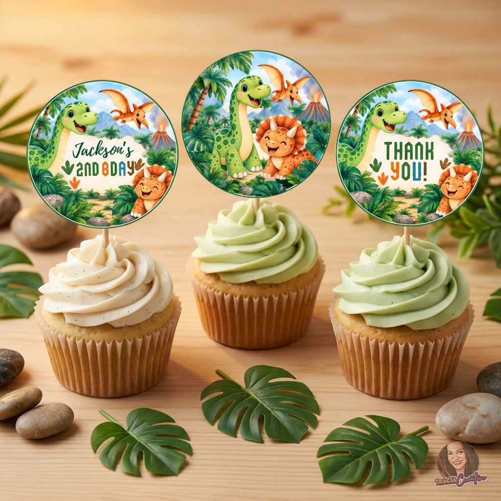 Dinosaur Birthday Cupcake Topper Template, Printable Dino Party Cupcake Toppers, 2 Inch