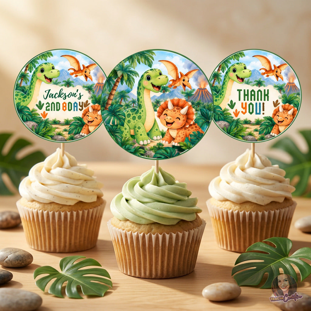 Dinosaur Birthday Cupcake Topper Template, Printable Dino Party Cupcake Toppers, 2 Inch