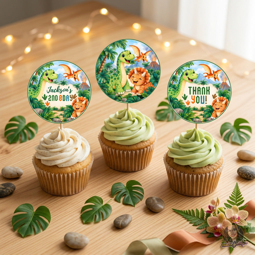 Dinosaur Birthday Cupcake Topper Template, Printable Dino Party Cupcake Toppers, 2 Inch