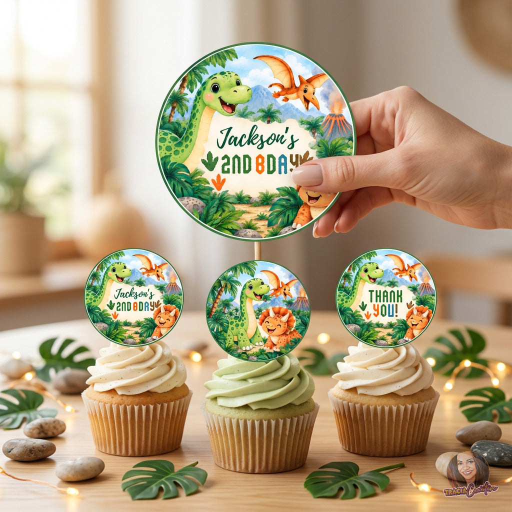 Dinosaur Birthday Cupcake Topper Template, Printable Dino Party Cupcake Toppers, 2 Inch