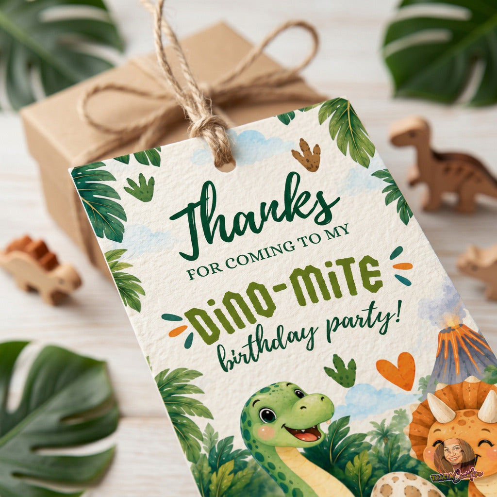 Dinosaur Birthday Favor Tag Template, Editable Canva Dino Party Favor Tag, 2x3.5