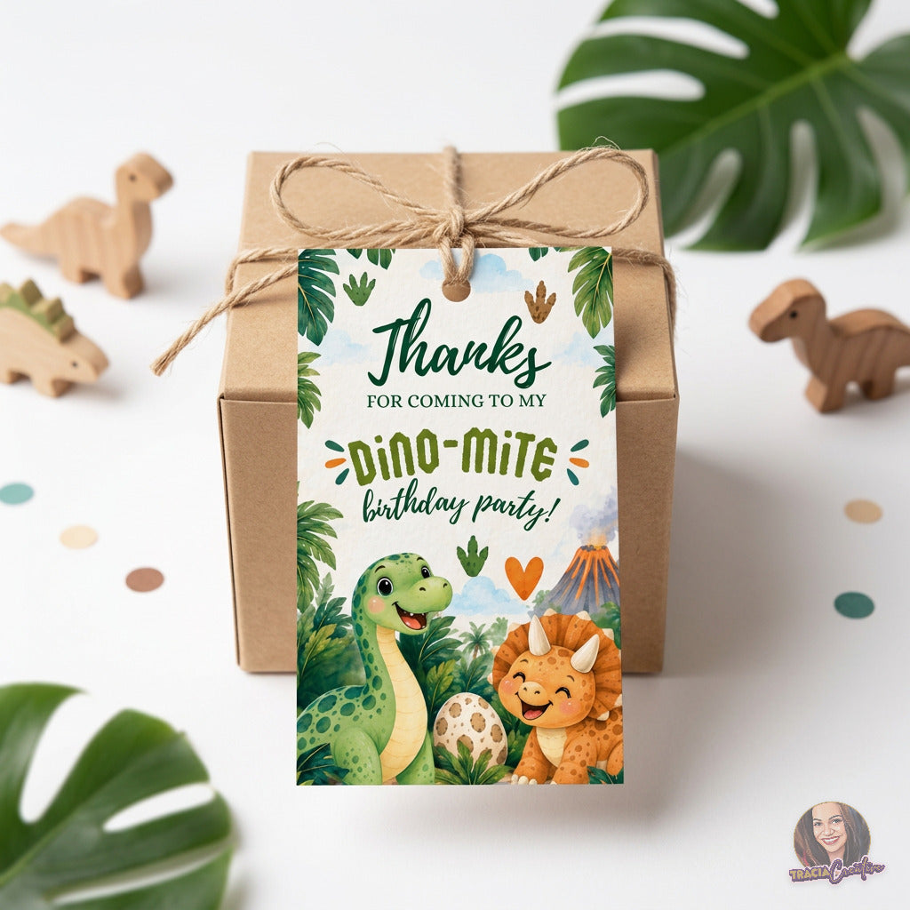 Dinosaur Birthday Favor Tag Template, Editable Canva Dino Party Favor Tag, 2x3.5