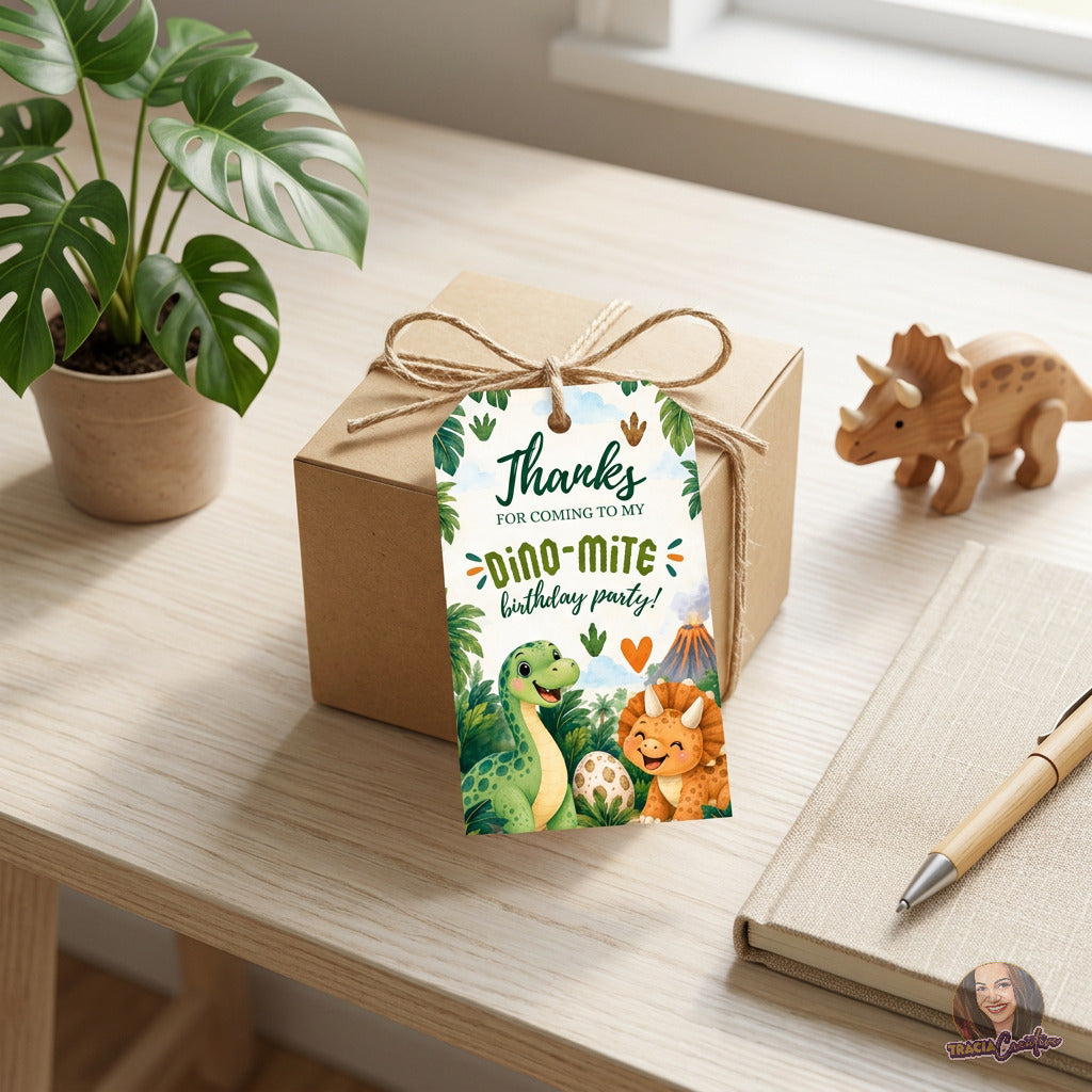 Dinosaur Birthday Favor Tag Template, Editable Canva Dino Party Favor Tag, 2x3.5