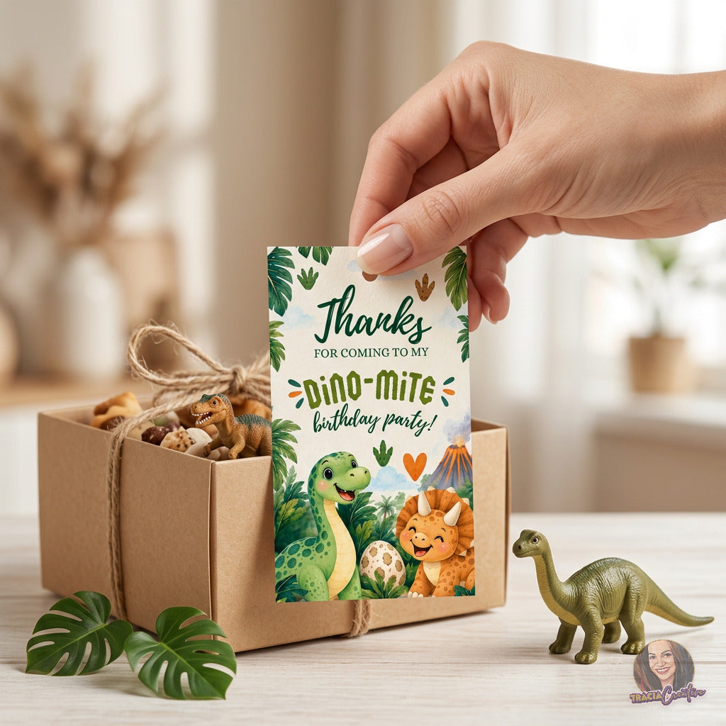 Dinosaur Birthday Favor Tag Template, Editable Canva Dino Party Favor Tag, 2x3.5
