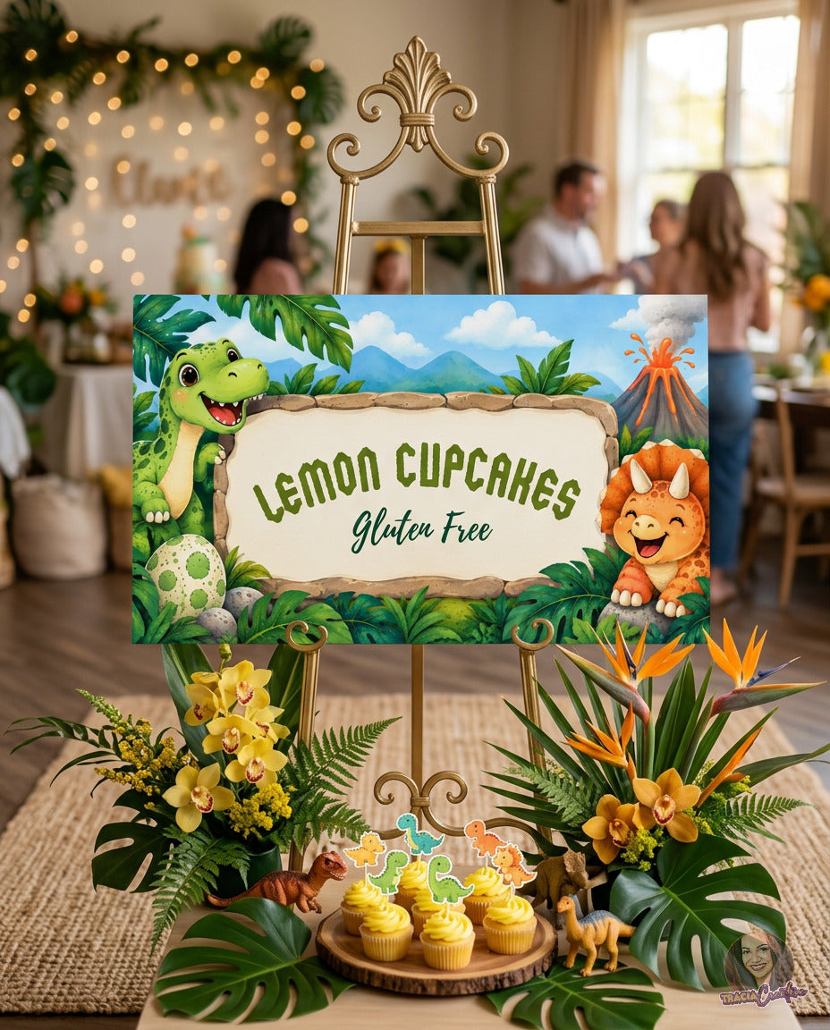 Dinosaur Birthday Food Label Template, Editable Canva Dino Buffet Cards, 3.5x2
