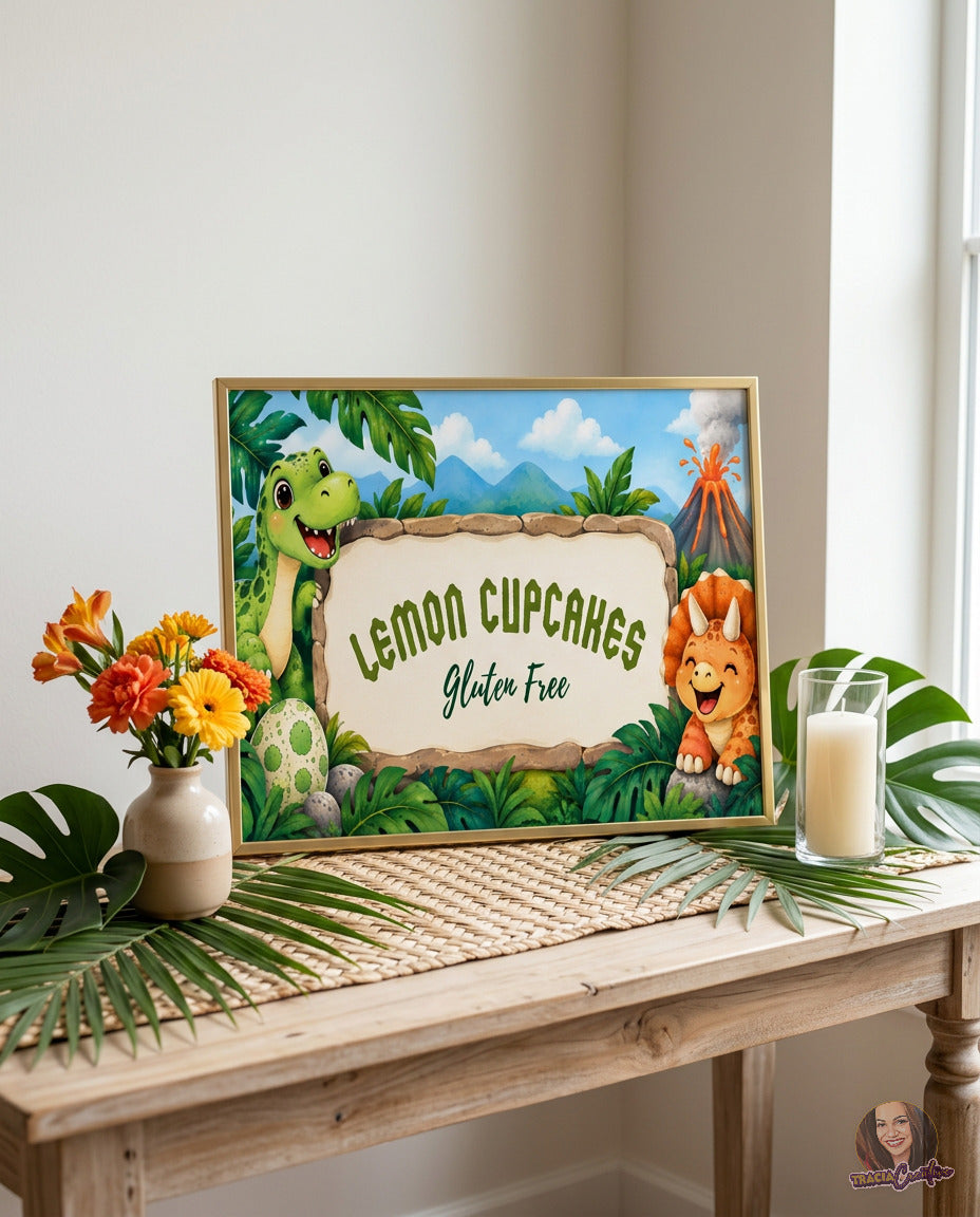 Dinosaur Birthday Food Label Template, Editable Canva Dino Buffet Cards, 3.5x2