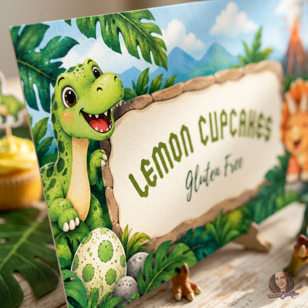 Dinosaur Birthday Food Label Template, Editable Canva Dino Buffet Cards, 3.5x2