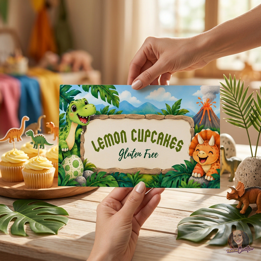 Dinosaur Birthday Food Label Template, Editable Canva Dino Buffet Cards, 3.5x2
