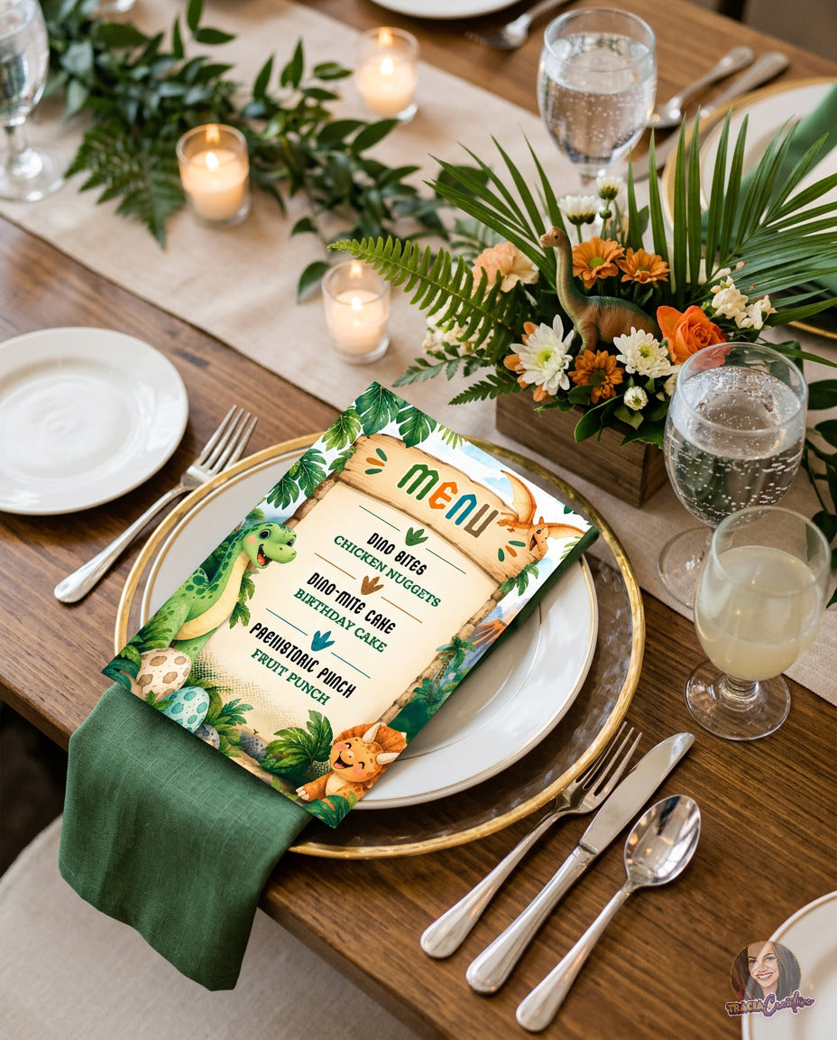 Dinosaur Birthday Menu Template, Editable Canva Dino Party Menu, 5x7