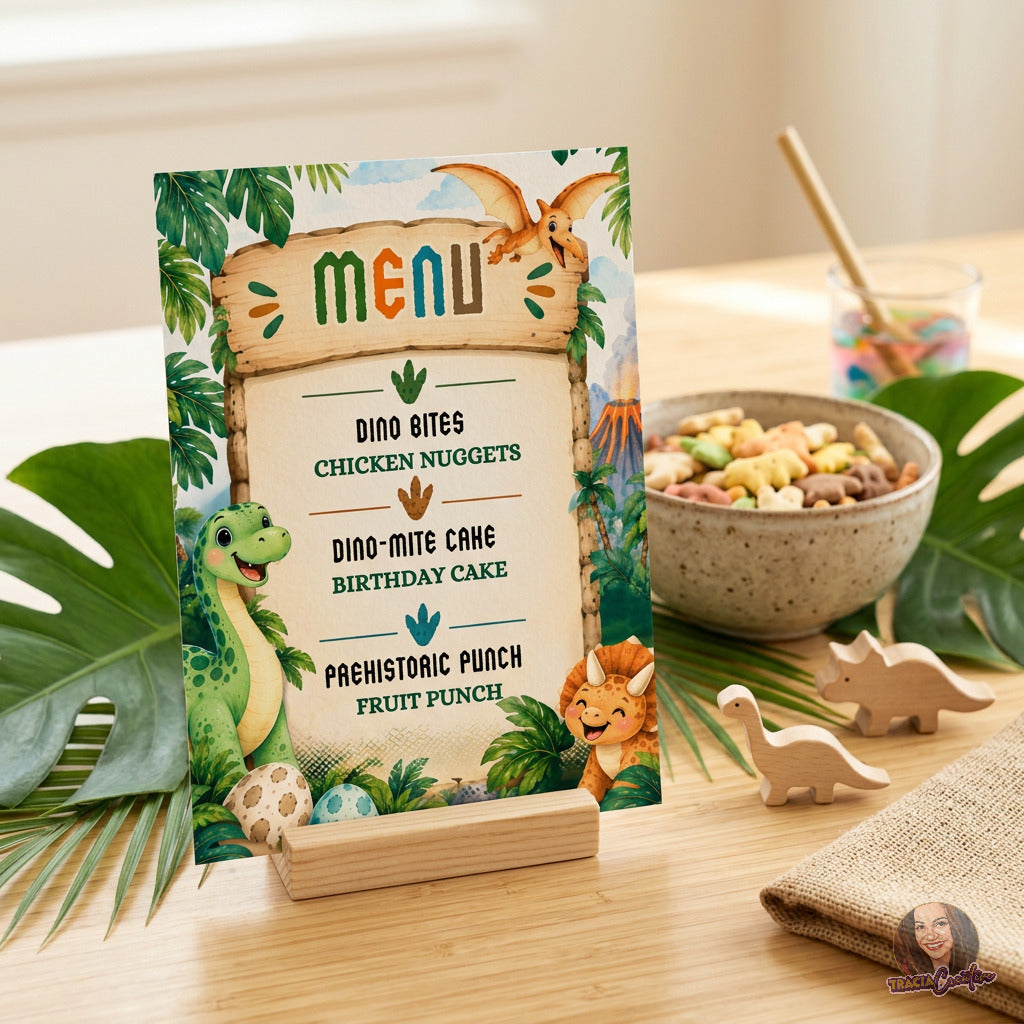 Dinosaur Birthday Menu Template, Editable Canva Dino Party Menu, 5x7