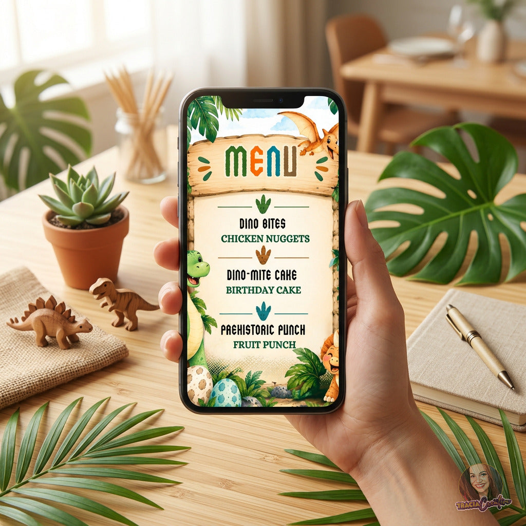 Dinosaur Birthday Menu Template, Editable Canva Dino Party Menu, 5x7