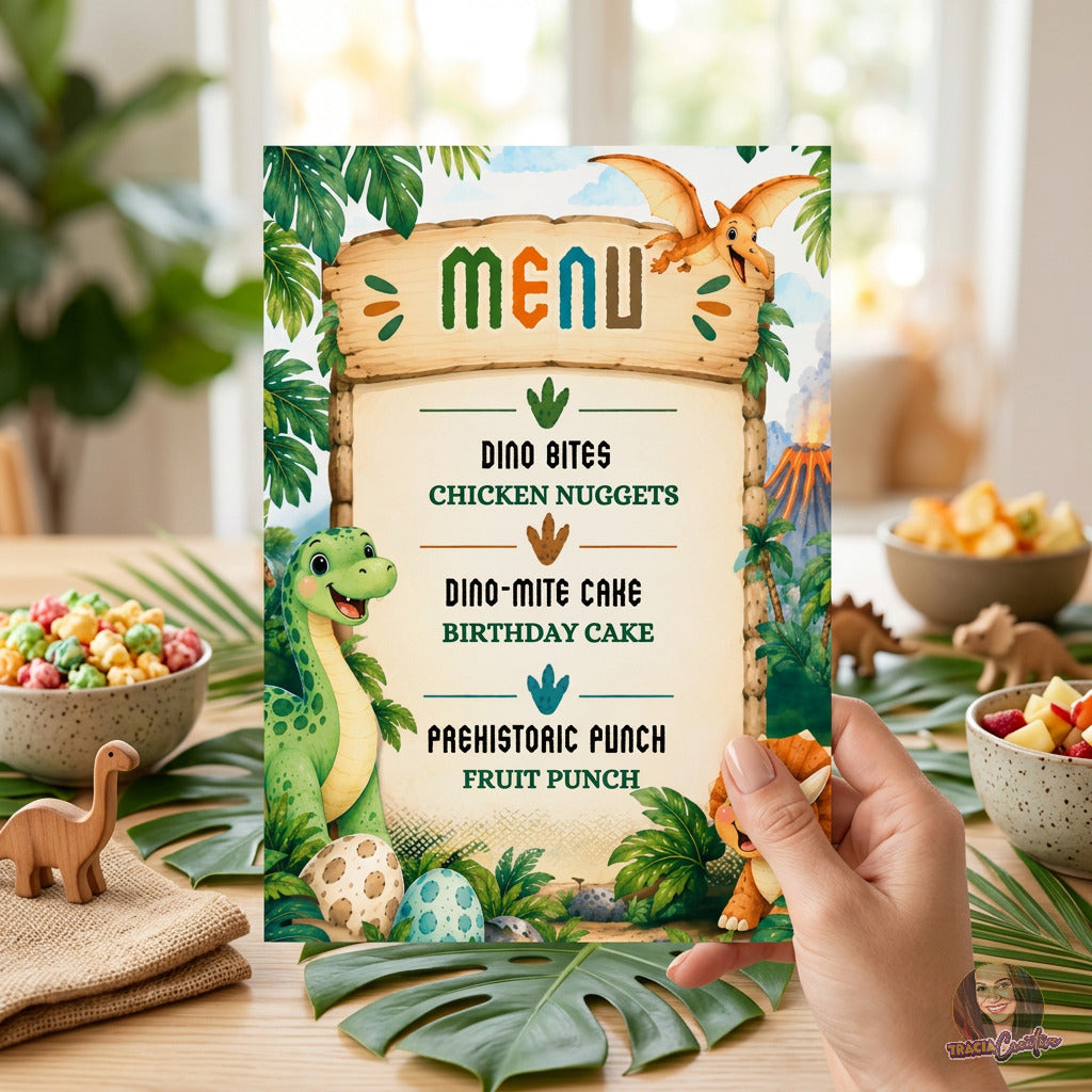 Dinosaur Birthday Menu Template, Editable Canva Dino Party Menu, 5x7