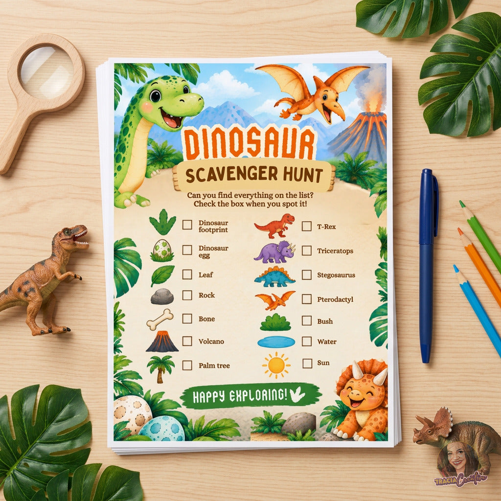 Dinosaur Birthday Scavenger Hunt Game, Printable Dino Party Activity, 5x7