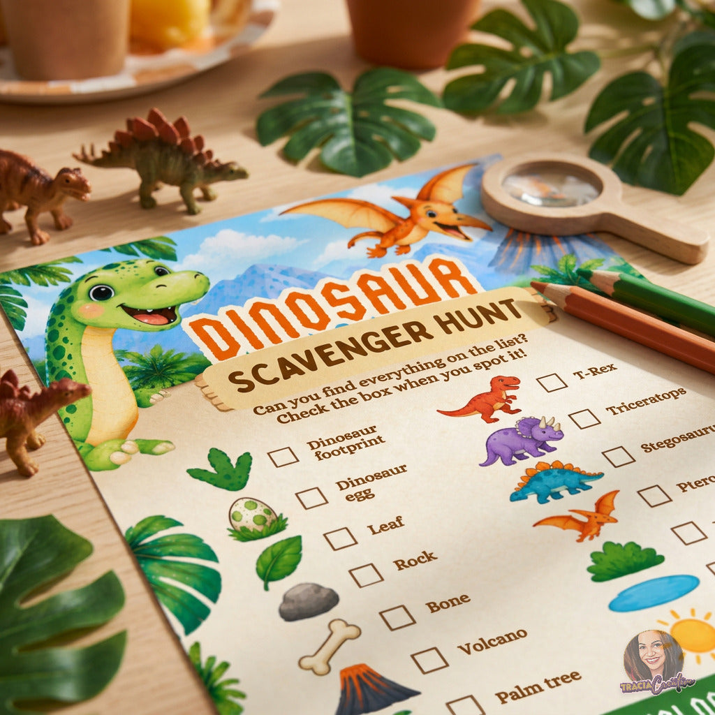 Dinosaur Birthday Scavenger Hunt Game, Printable Dino Party Activity, 5x7