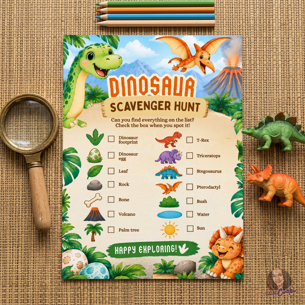 Dinosaur Birthday Scavenger Hunt Game, Printable Dino Party Activity, 5x7
