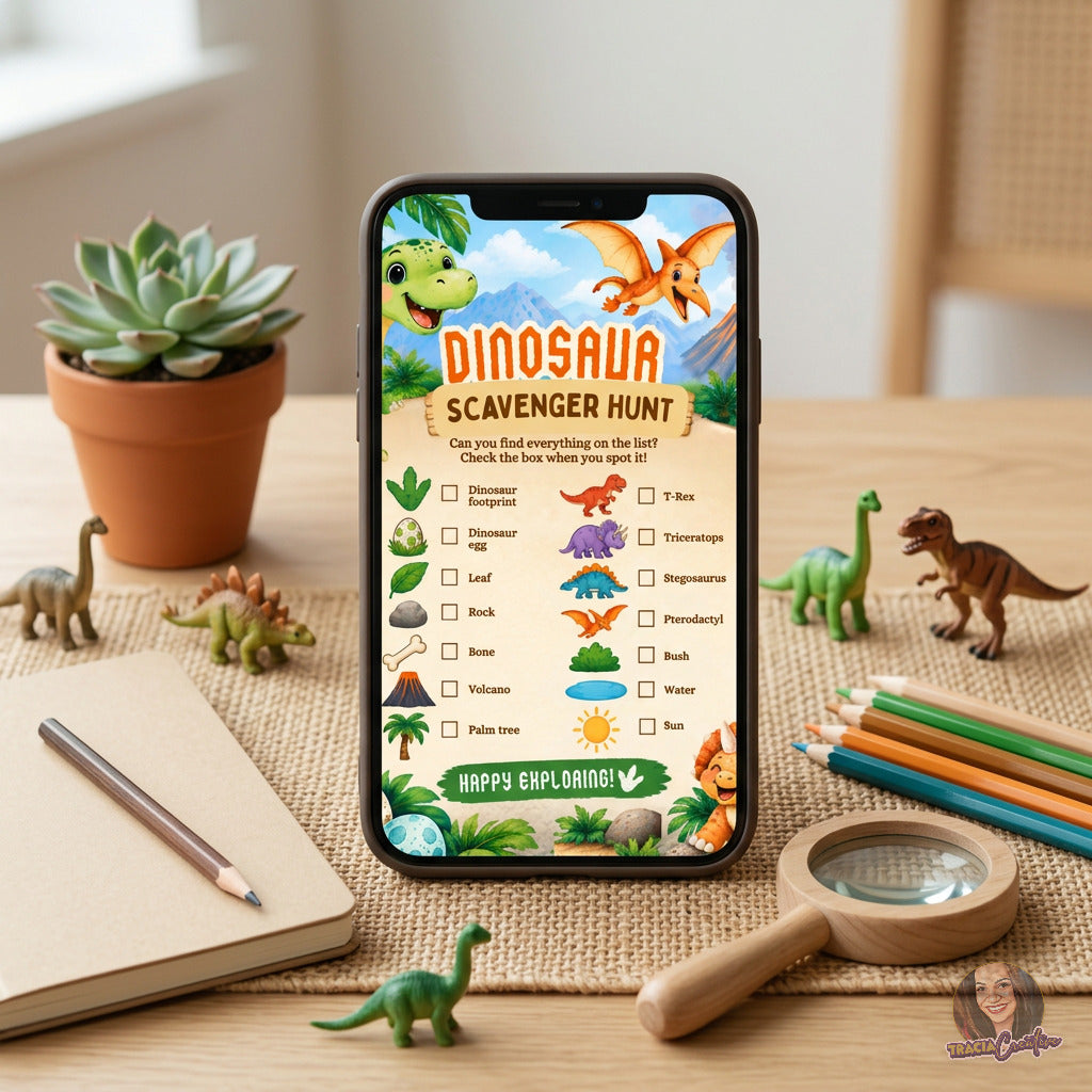 Dinosaur Birthday Scavenger Hunt Game, Printable Dino Party Activity, 5x7