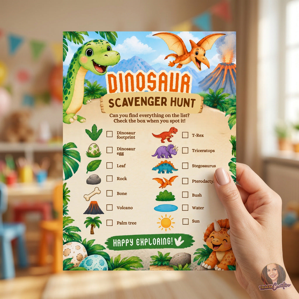 Dinosaur Birthday Scavenger Hunt Game, Printable Dino Party Activity, 5x7