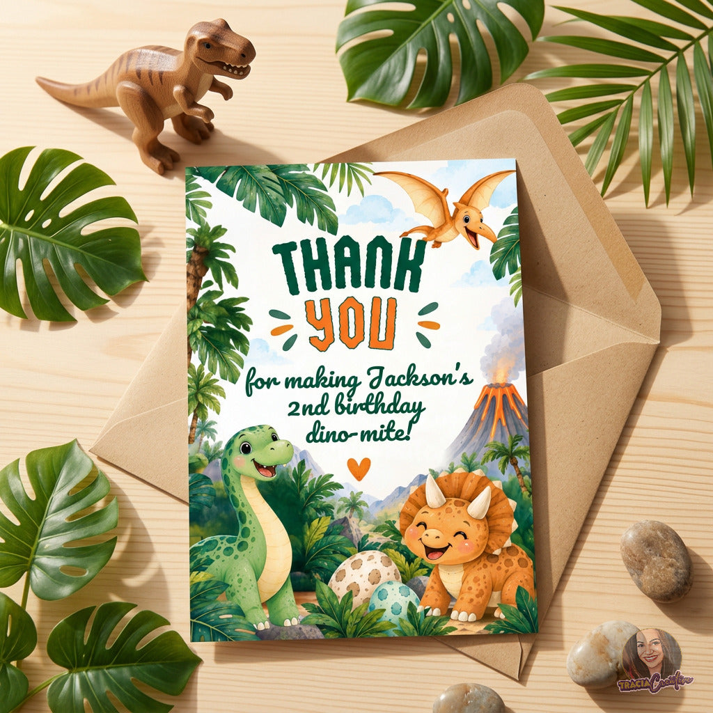 Dinosaur Birthday Thank You Card Template, Editable Canva Dino Thank You, 4x6