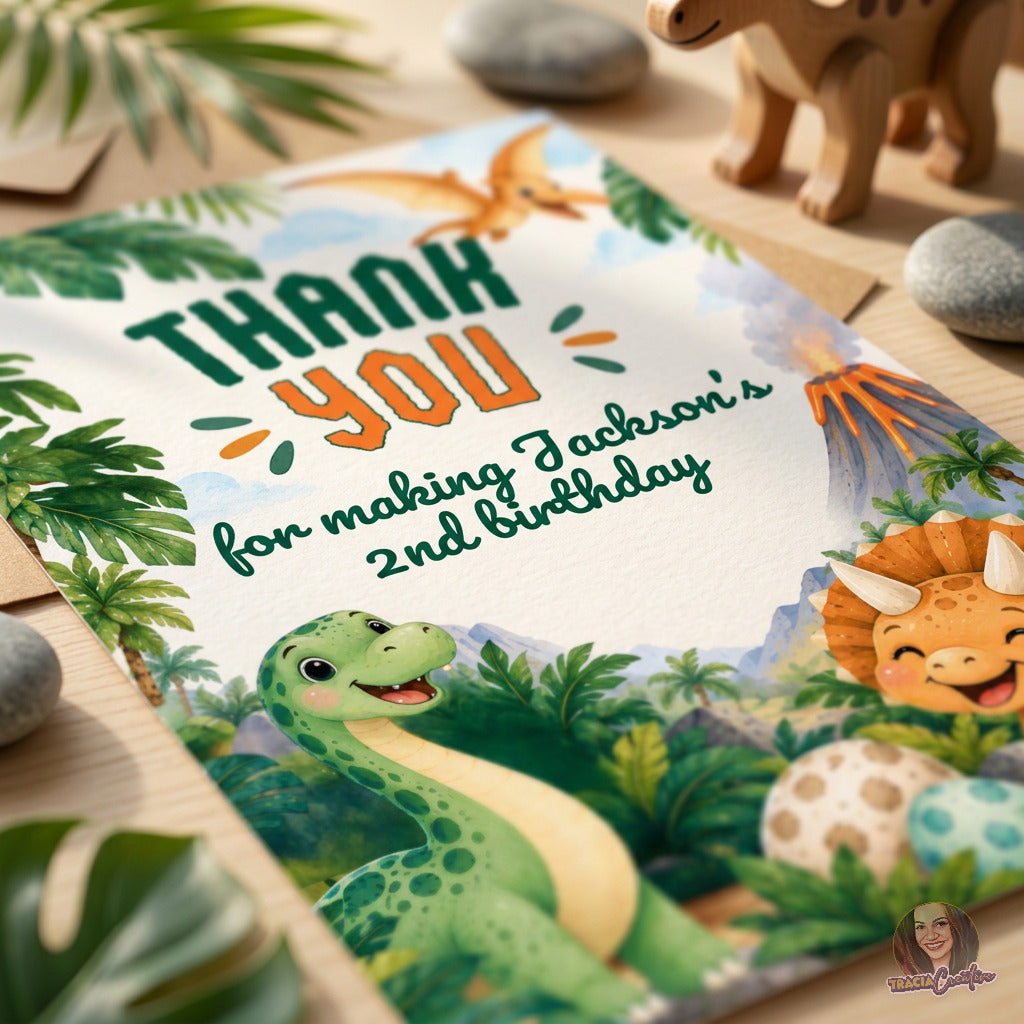 Dinosaur Birthday Thank You Card Template, Editable Canva Dino Thank You, 4x6