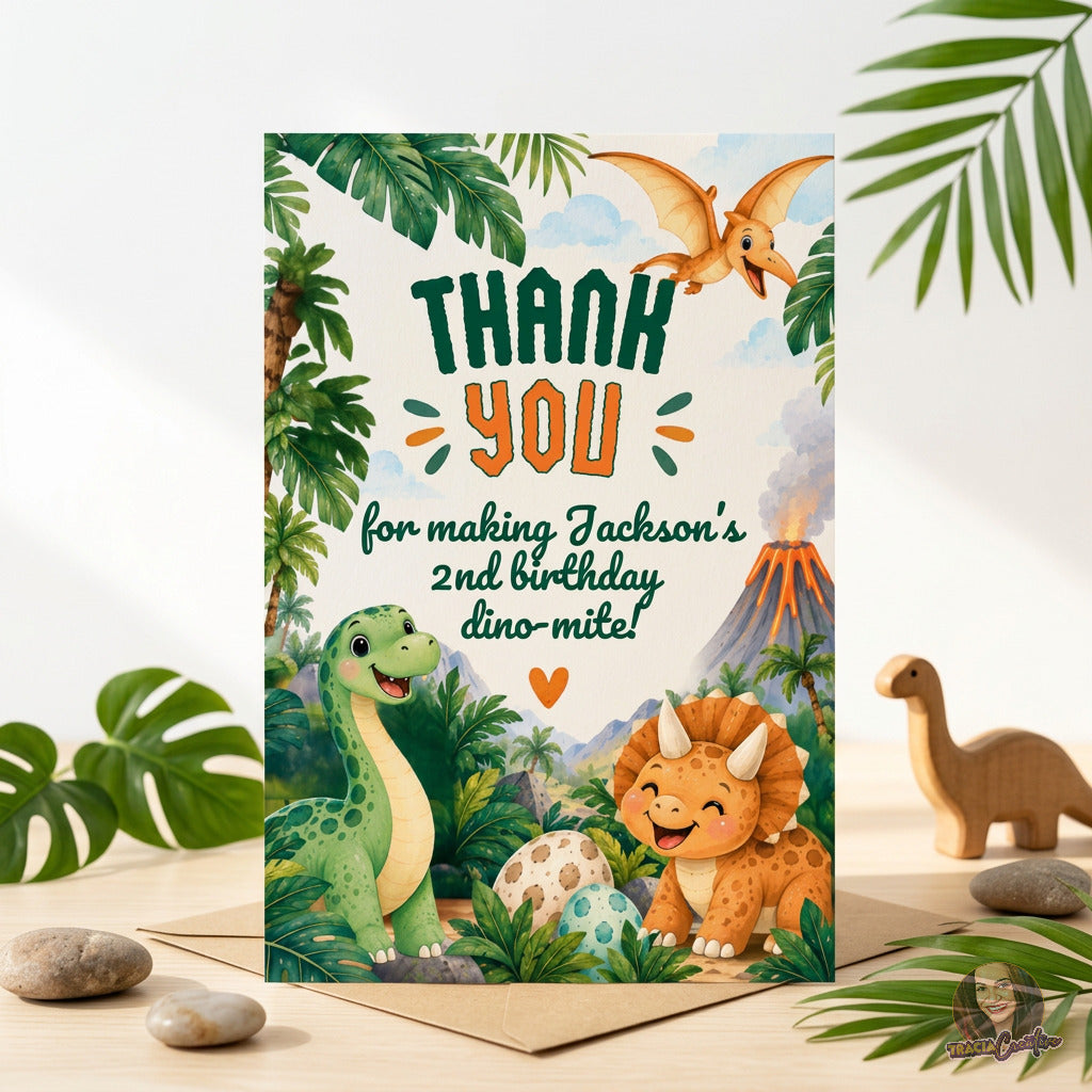 Dinosaur Birthday Thank You Card Template, Editable Canva Dino Thank You, 4x6