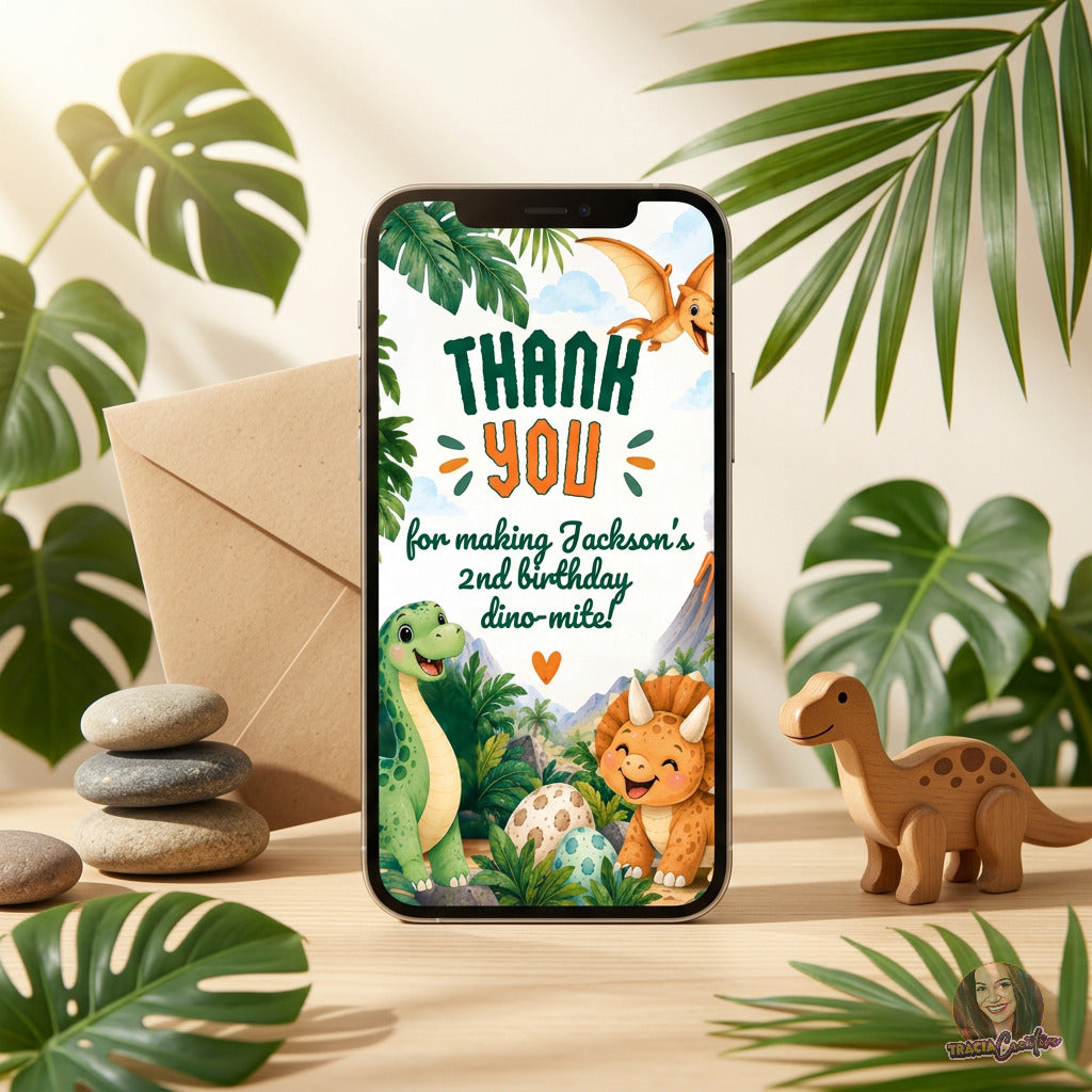 Dinosaur Birthday Thank You Card Template, Editable Canva Dino Thank You, 4x6