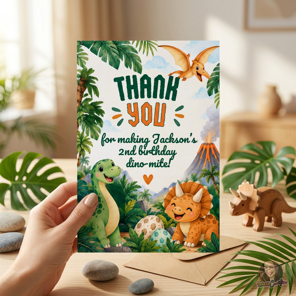 Dinosaur Birthday Thank You Card Template, Editable Canva Dino Thank You, 4x6