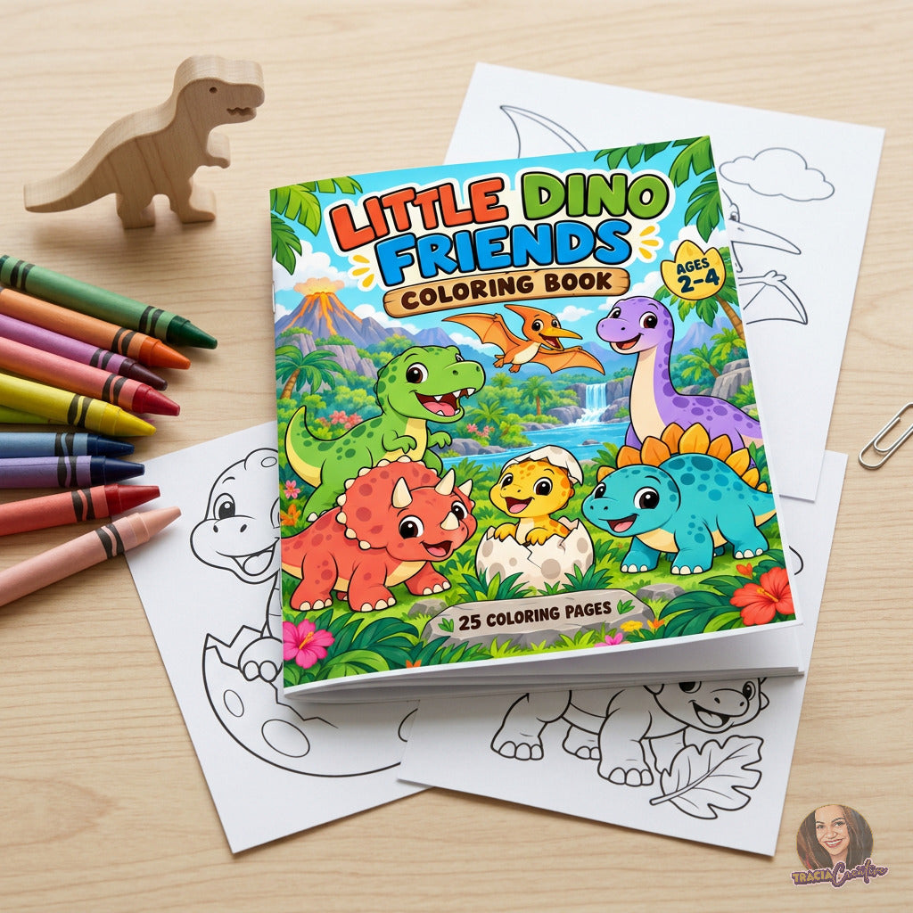 Dinosaur coloring-book cover and outline activity pages on a wooden table with crayons and a toy dinosaur.