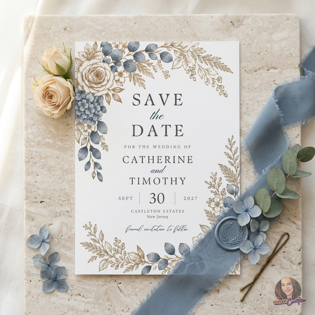 Dusty Blue Hydrangea Save the Date Template, Editable Canva Wedding Card, 5x7