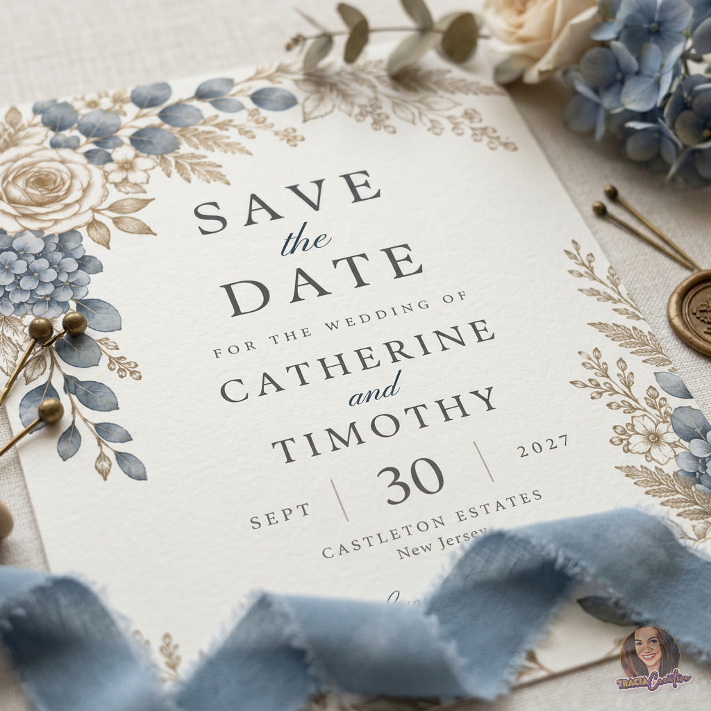 Dusty Blue Hydrangea Save the Date Template, Editable Canva Wedding Card, 5x7