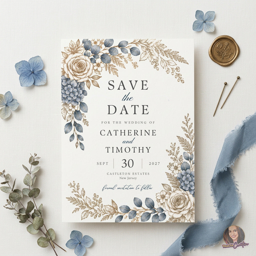 Dusty Blue Hydrangea Wedding Invitation Suite Bundle, Editable Canva Floral Wedding Templates