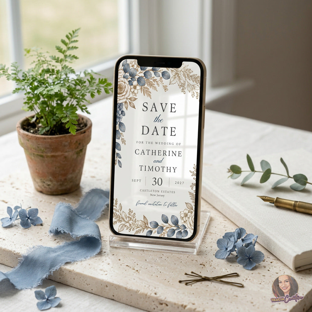 Dusty Blue Hydrangea Save the Date Template, Editable Canva Wedding Card, 5x7